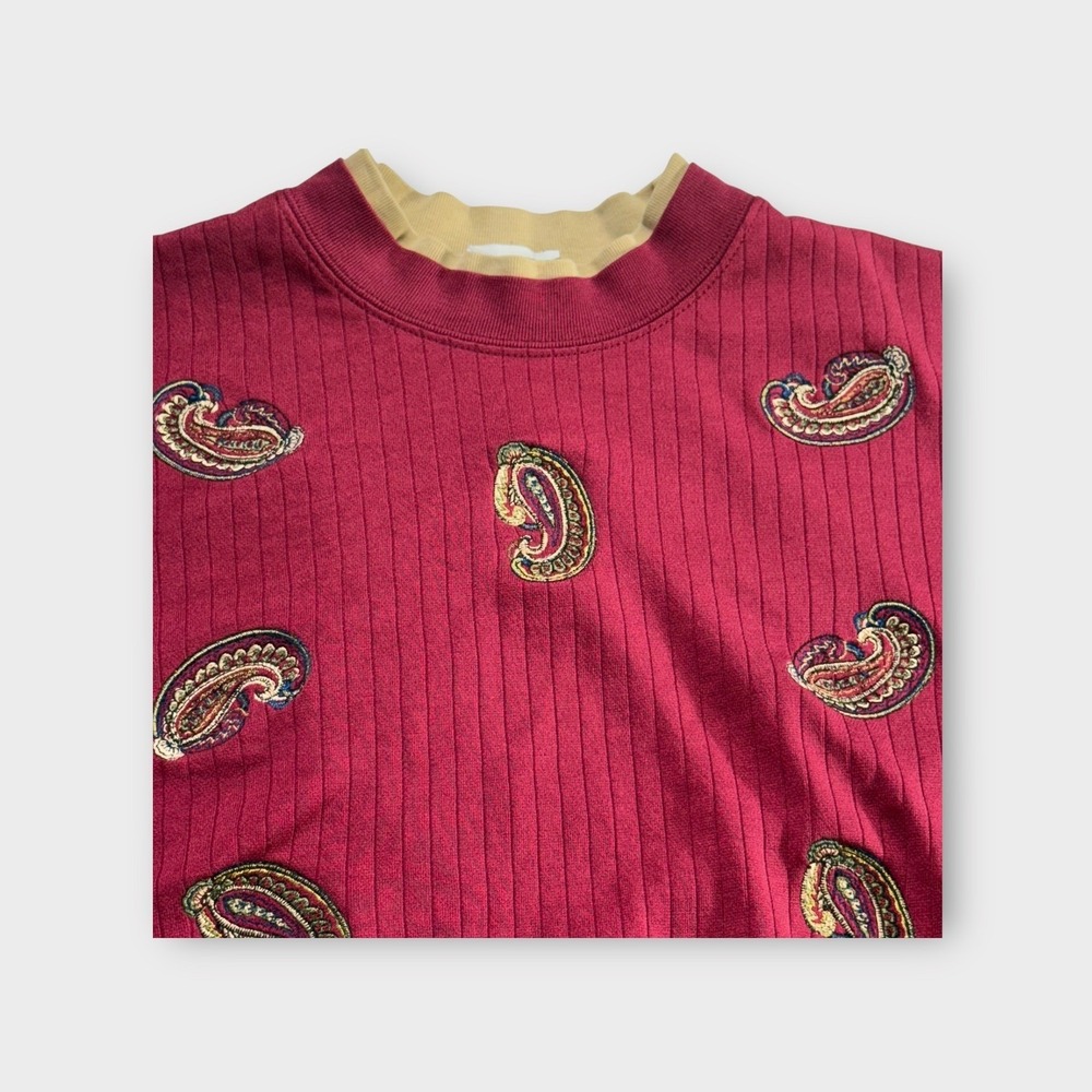 Ribbed Paisley Mock Neck Sweater Top Burgundy Vintage Pullover Sz XL - Picture 2 of 13